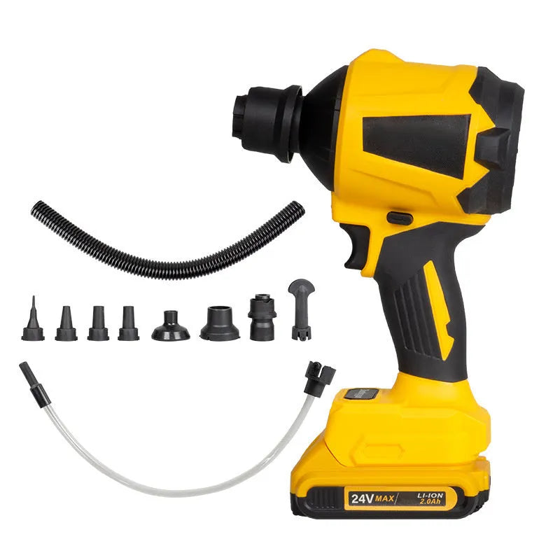 Yellow handheld battery-powered dust gun for workshop and household cleaning tasks