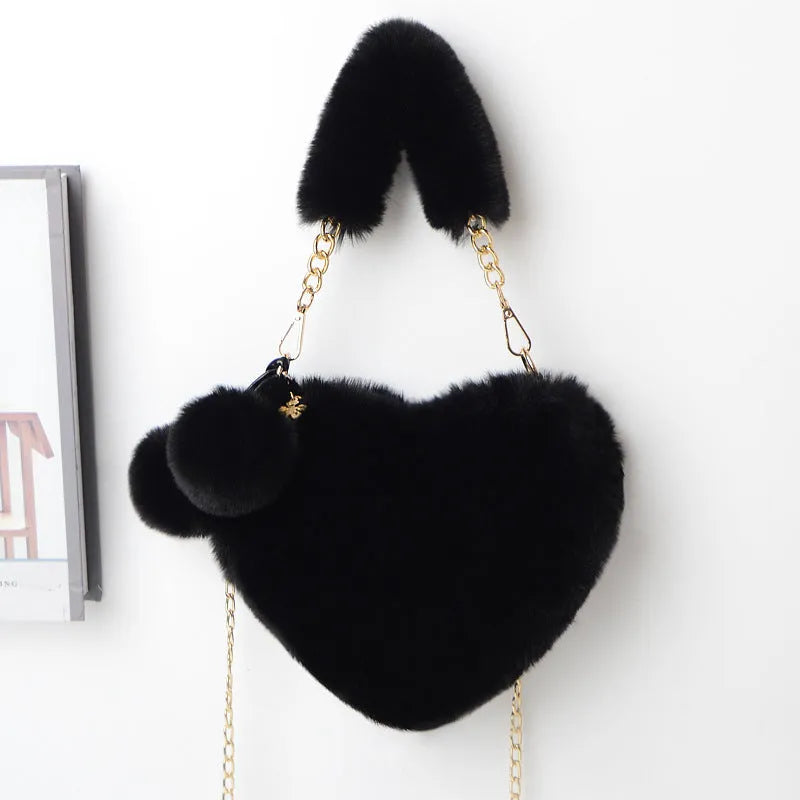 Plush heart-shaped women's handbag with removable shoulder strap in multiple colour options