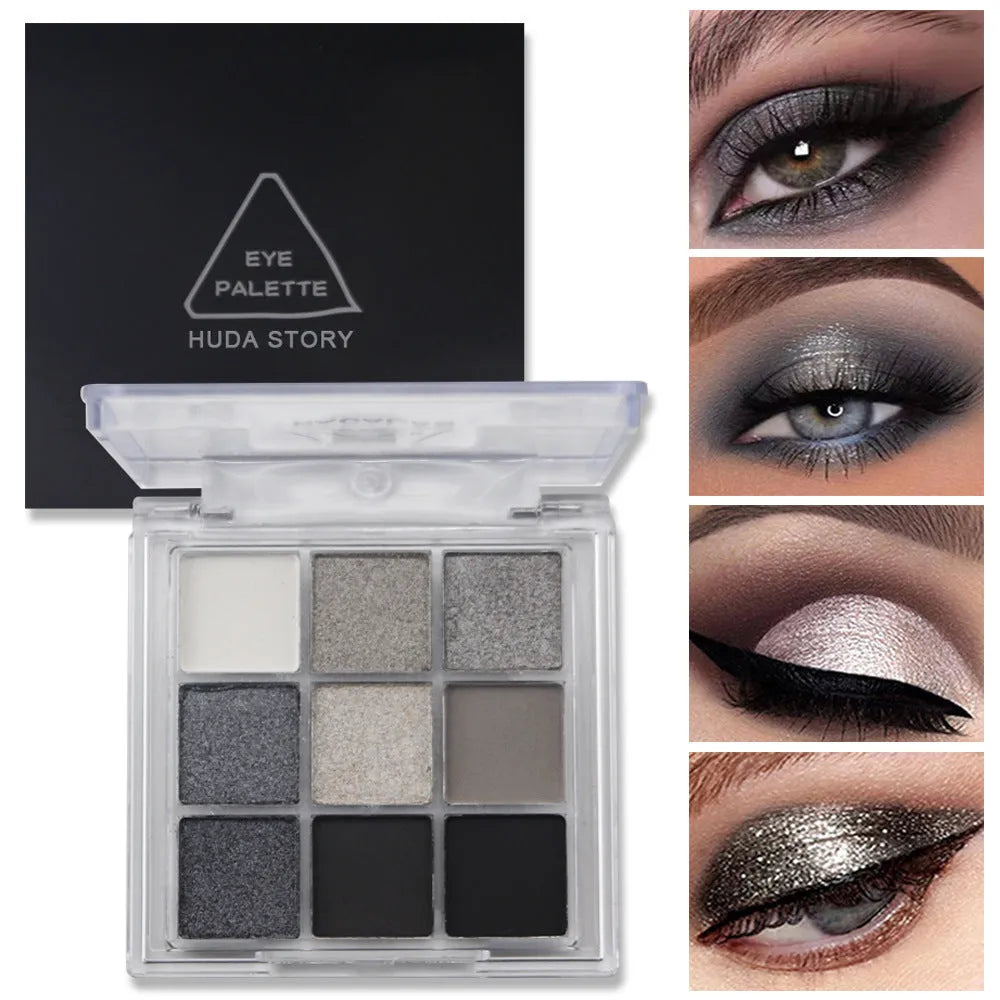 INS style nine-colour smoked eyeshadow palette showing white silver black and iron grey shades