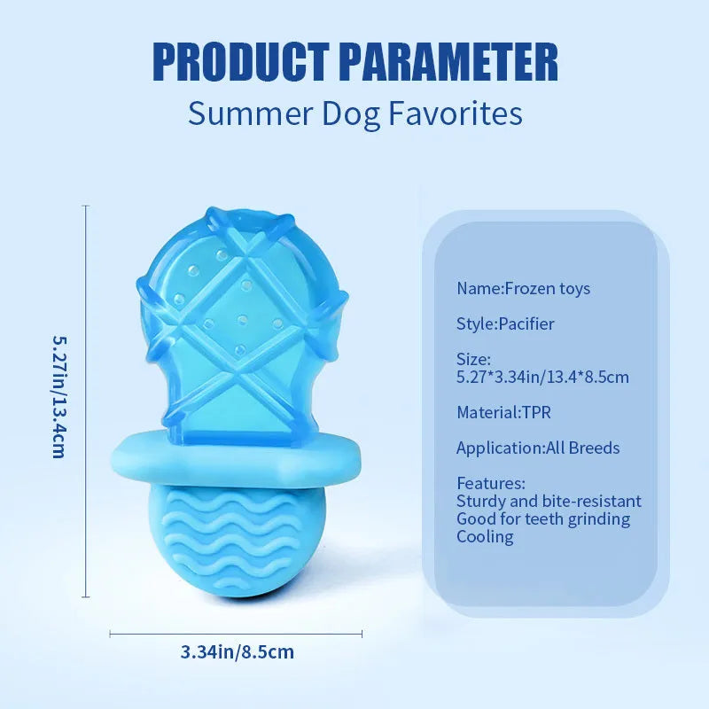 Set of three water-filled dog cooling toys: a blue pacifier, a red popsicle, and a green ring shape.