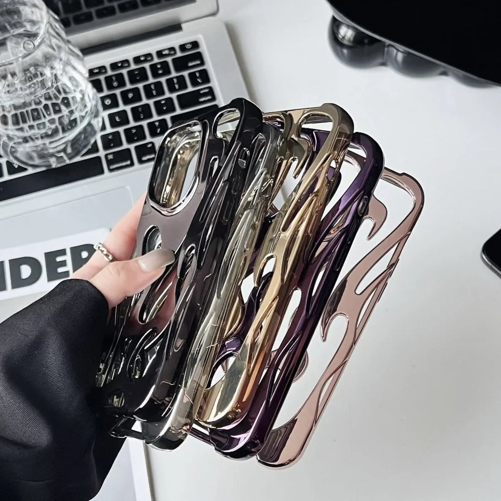 Electroplated iPhone case with hollow flame pattern design in gold, black, purple, and silver finishes