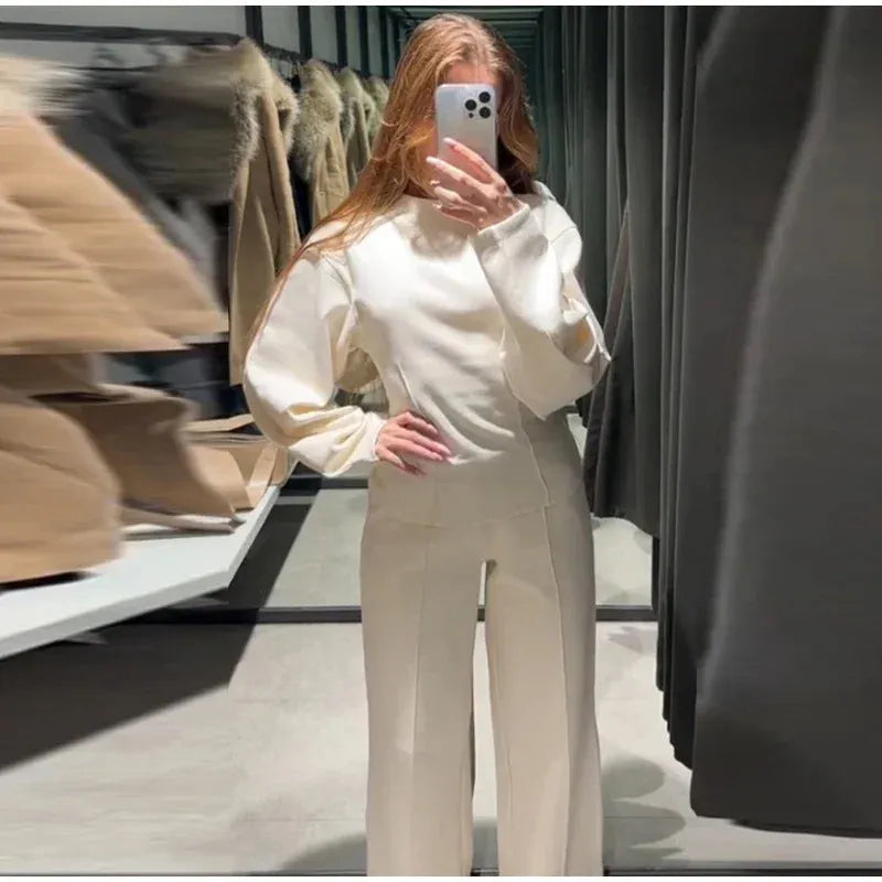 Women's polyester polar fleece suit set with pleated top and wide leg trousers in multiple colour options