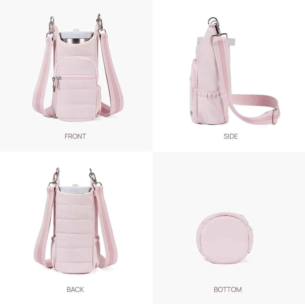 Cloth bicycle water bottle bag in modern simplicity style shown in black, pink, and beige colour options