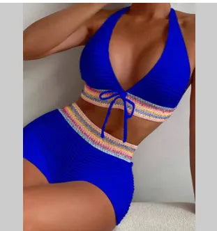 Women's solid colour two-piece bikini on a white background.