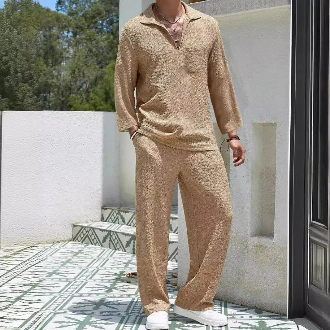 Men's casual shirt trousers set in polyester fabric showing lake blue, khaki, black, and caramel colour options