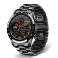 Smart watch with stainless steel band showing 1.3-inch touchscreen displaying step count
