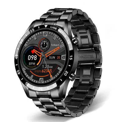 Smart watch with stainless steel band showing 1.3-inch touchscreen displaying step count