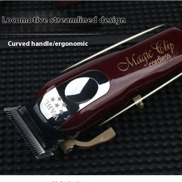 Charging cordless hair clippers with stainless steel cutter head on a stand, with UK, US and EU plug options.