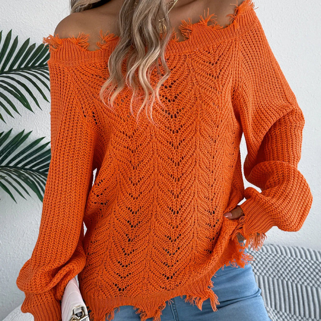 White hollow-out off-the-shoulder acrylic fibre pullover sweater with long sleeves