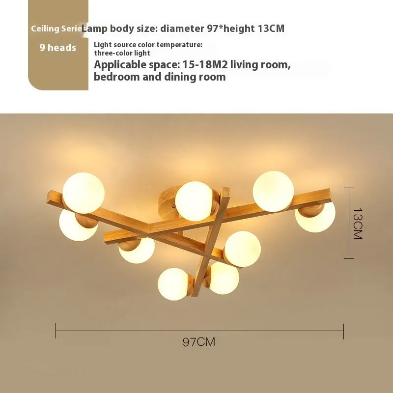 Wooden style ceiling lamp with three light heads in modern living room setting