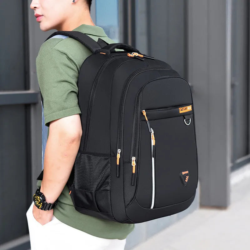Men's Oxford cloth schoolbag with letter pattern in four colour options showing large capacity design