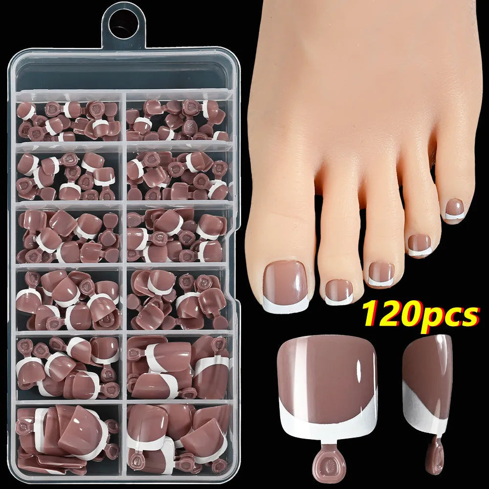 Box of 120 French white tip artificial toenails in nude colours, square short shape.