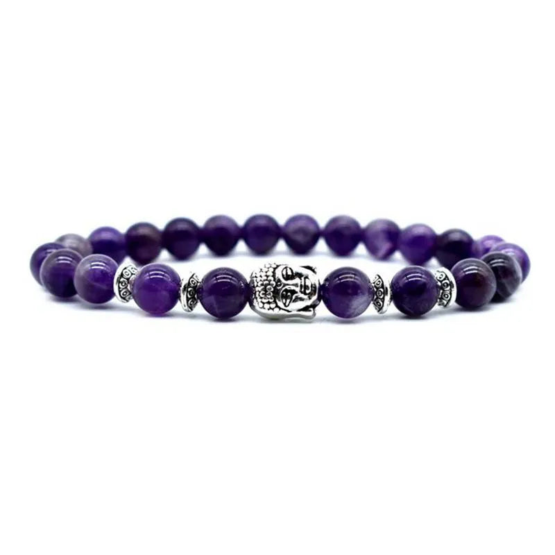 Handmade amethyst bead bracelet with a choice of tiger eye, black agate, pink crystal, or green gold Buddha head charm.