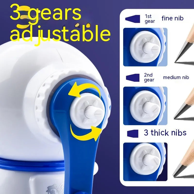 Cartoon astronaut manual pencil sharpener in blue or pink with adjustable blades