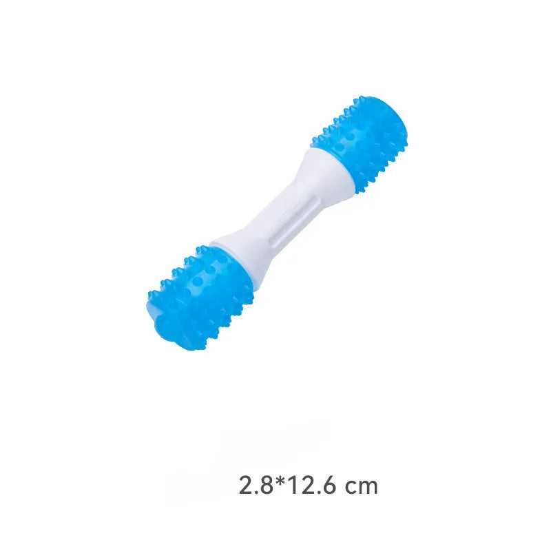 Dual-colour dog chew toy for teething puppies, shown in small, medium, and large sizes.