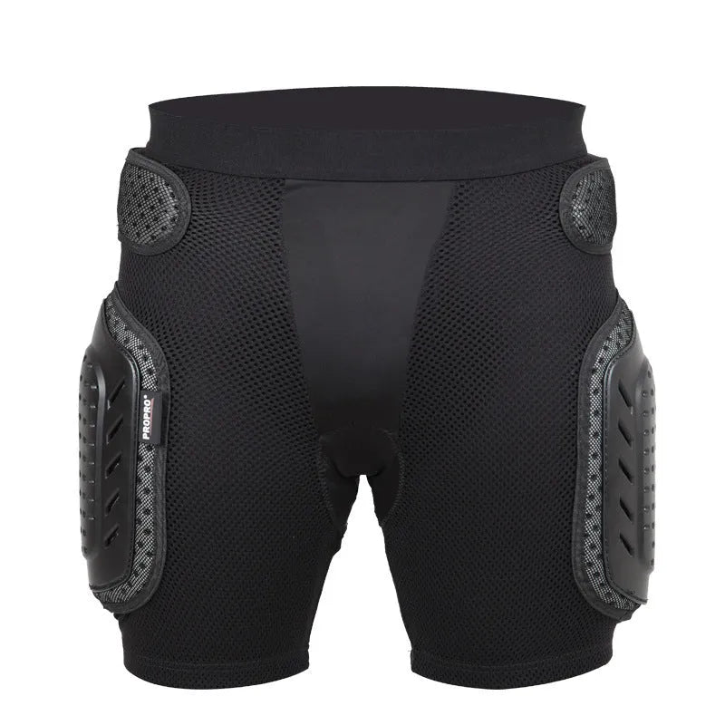 Black cycling hip protection pants with integrated padding for mountain and road biking safety