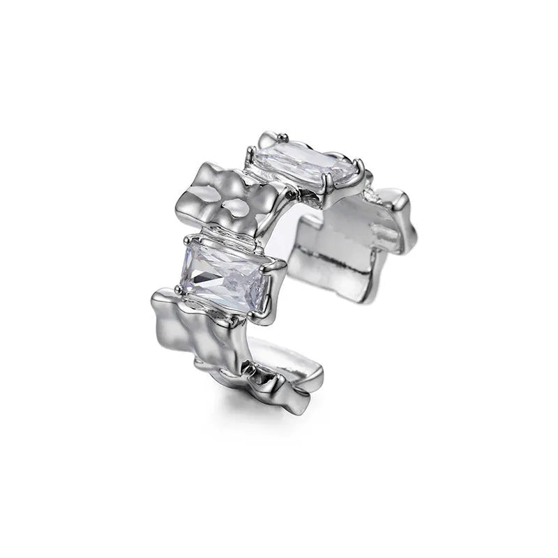 Silver geometric open ring with cross zircon design and retro pastoral styling