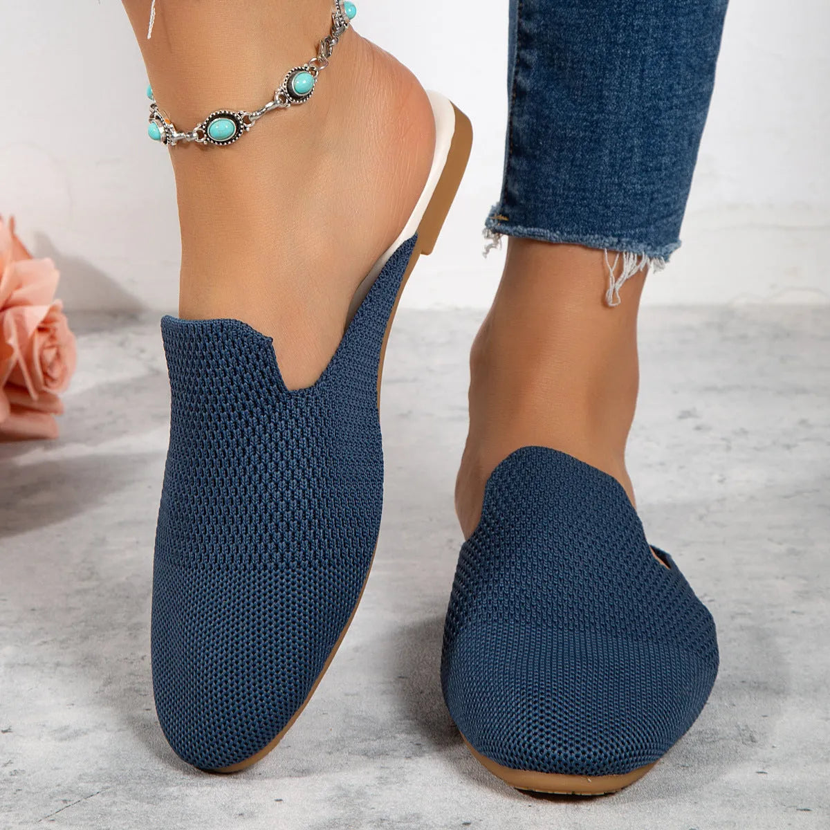 Mesh sandals slip-on loafers in candy colours blue green apricot with cloth upper and rubber sole