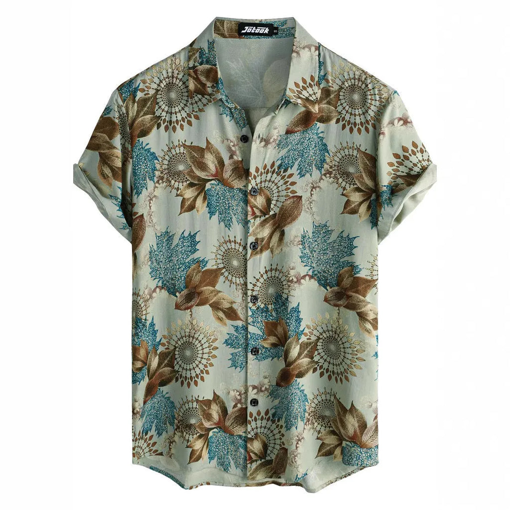 Hawaiian floral print short sleeve shirt with lapel collar in elastic polyester fabric