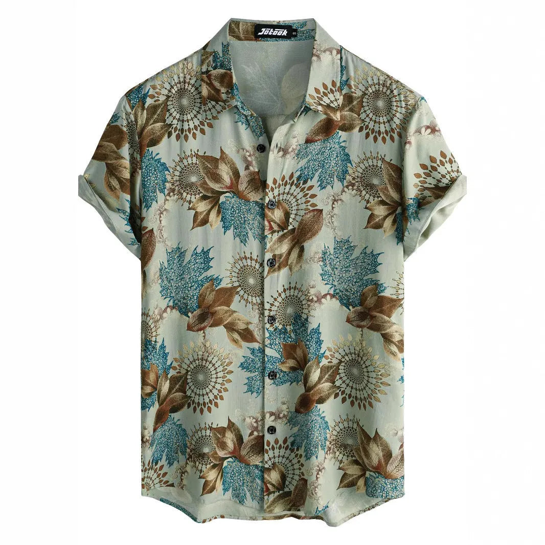 Hawaiian floral print short sleeve shirt with lapel collar in elastic polyester fabric