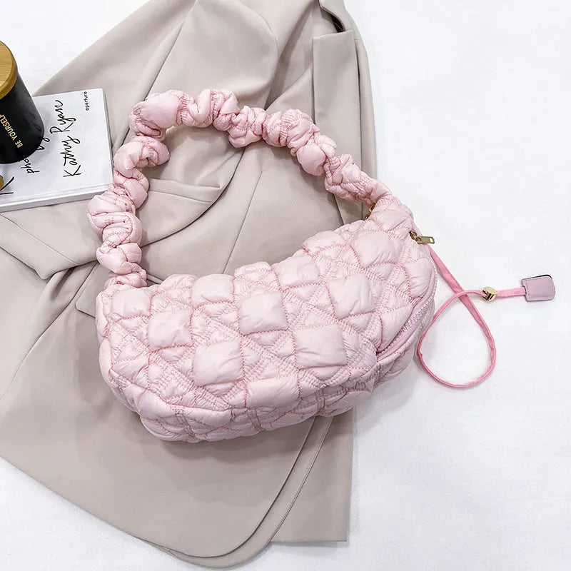 Women's casual nylon underarm shoulder bag in beige with adjustable strap, showing 35cm width