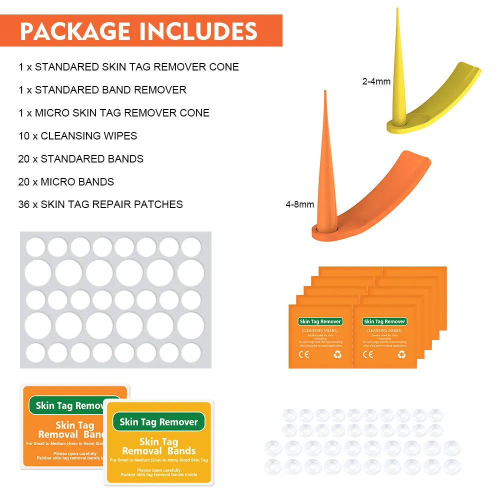 Orange-yellow mole remover tool kit with two devices, rubber rings, alcohol swabs, and accessories