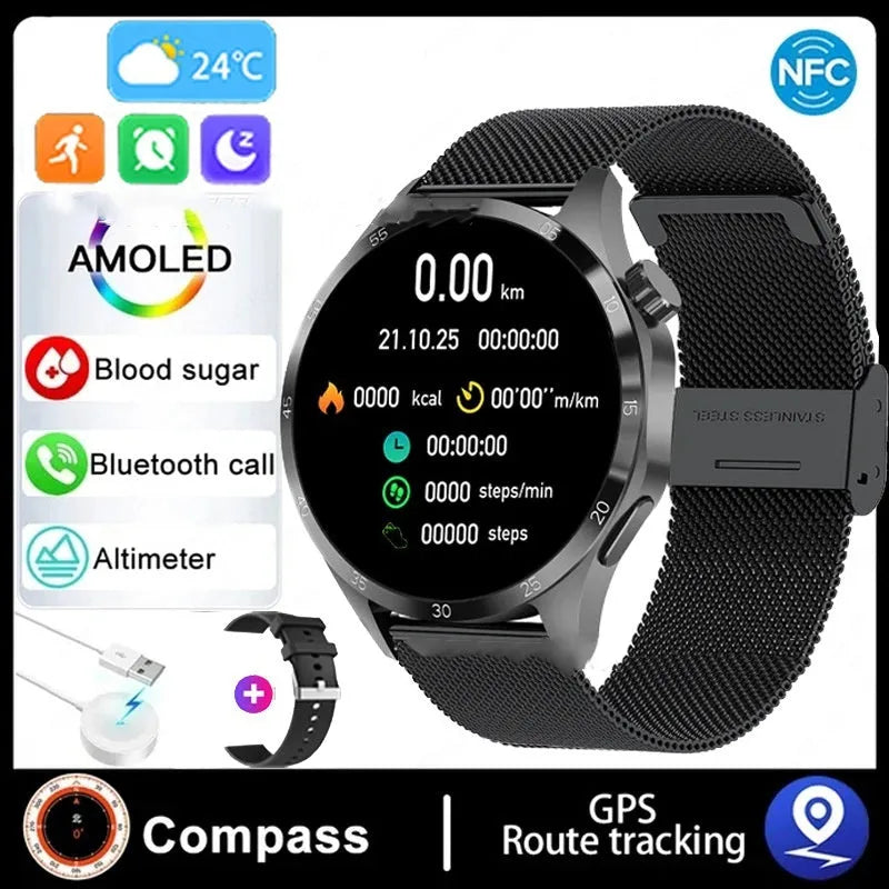 Black Bluetooth smartwatch with TFT touch screen showing health metrics display