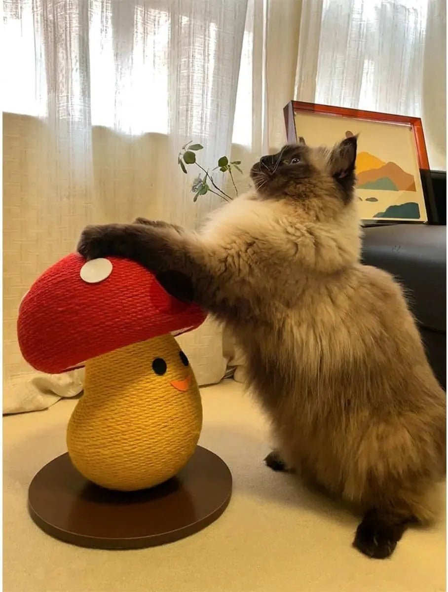 Foldable mushroom-shaped cardboard cat scratcher with accordion design on a floor