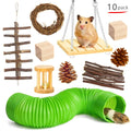 Wooden chew toy bundle for small pets including rabbits, with straw mats and natural woven balls.