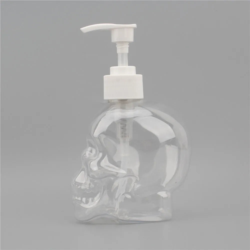 350ml skull-shaped empty hand sanitiser bottle in white, transparent or black plastic, 9.8cm x 7cm x 15.5cm