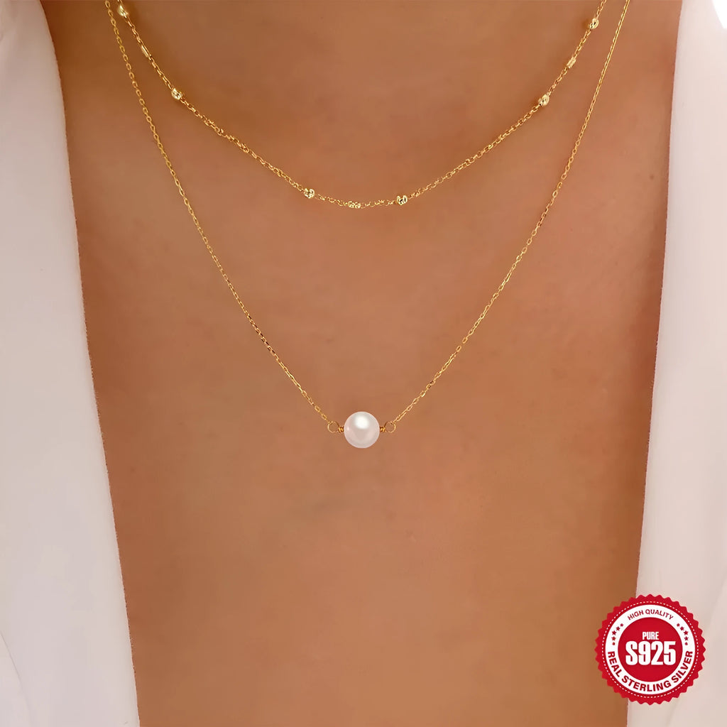 S925 sterling silver double layer necklace with twin pearls on geometric pendant, gold or white gold plating