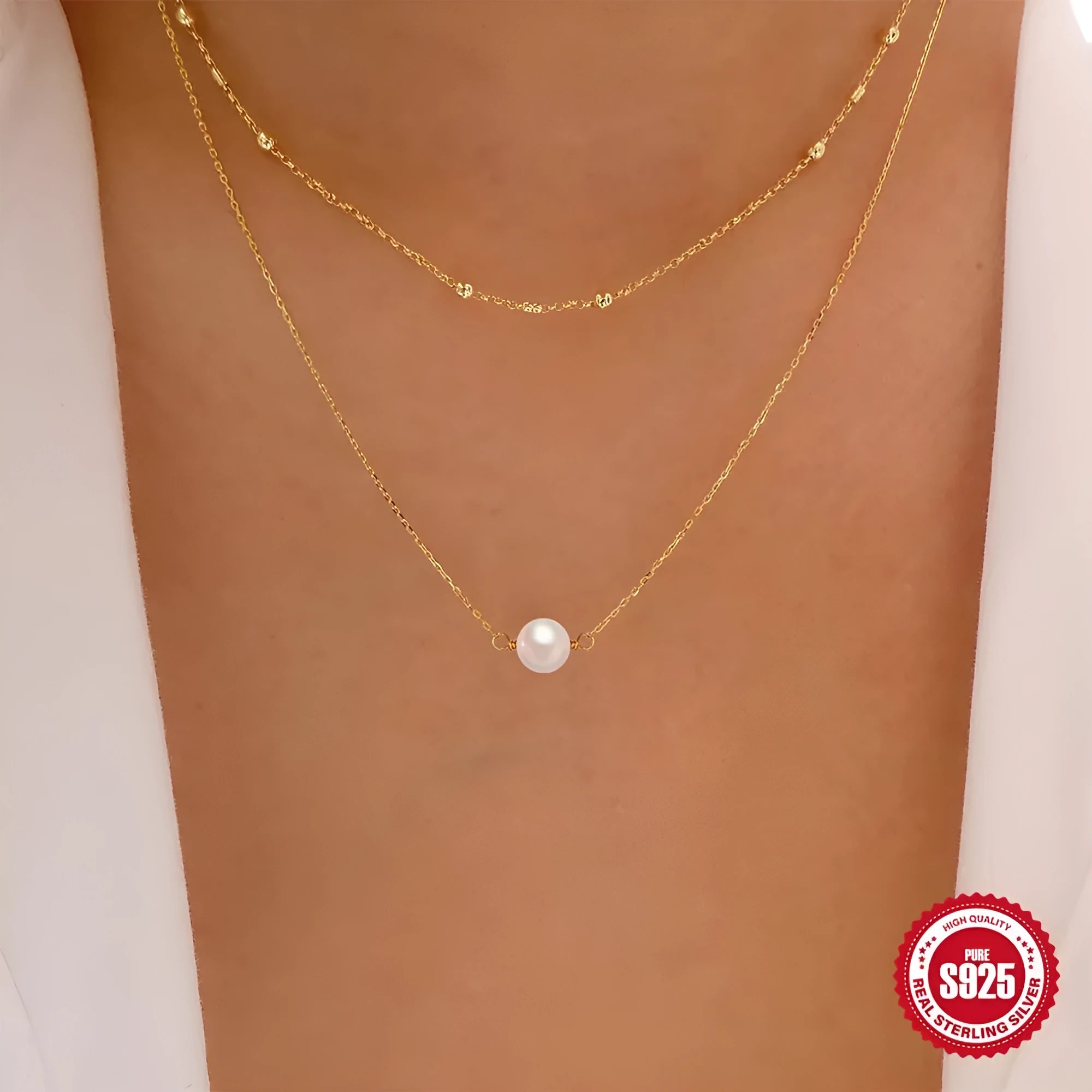 S925 sterling silver double layer necklace with twin pearls on geometric pendant, gold or white gold plating