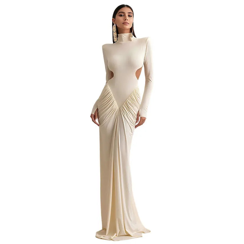 Long sleeve high collar slim fit dress with pleated backless design in polyester fabric