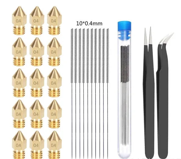 MK8 brass alloy nozzle and stainless steel cleaning pin for 3D printer maintenance