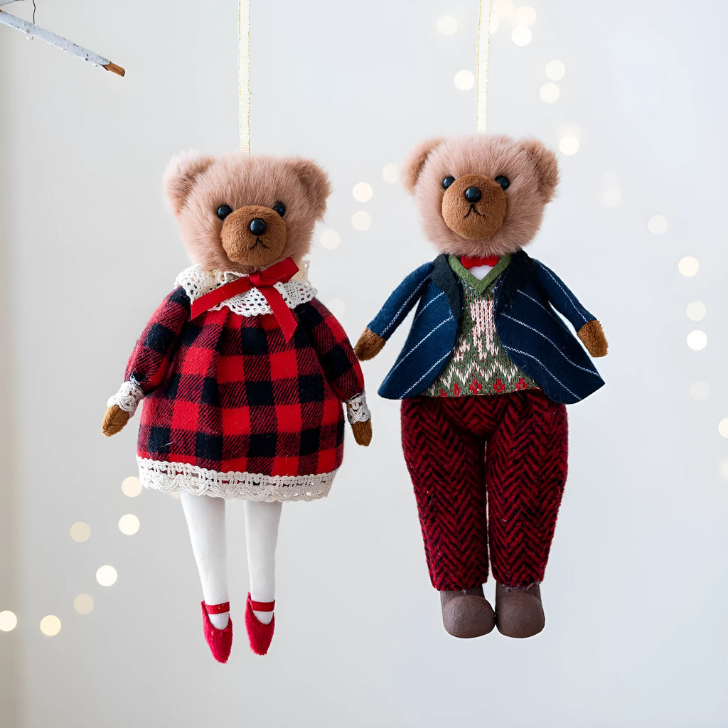 Cartoon couple plush bear doll wearing a cotton suit with a plaid design