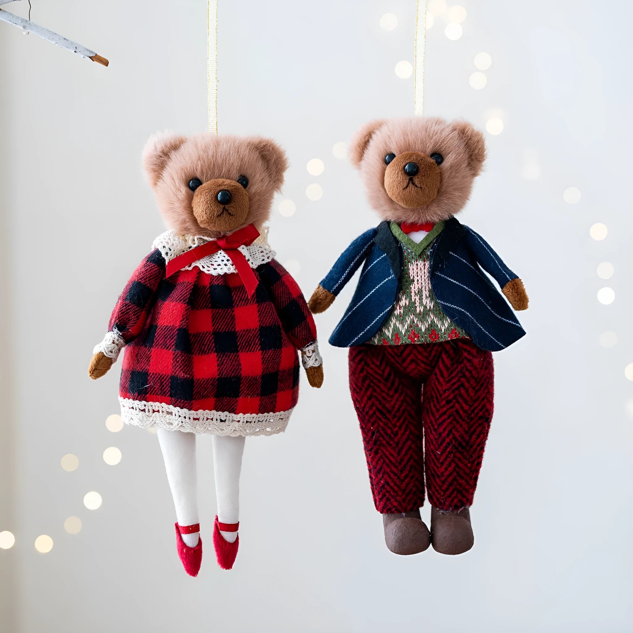Cartoon couple plush bear doll wearing a cotton suit with a plaid design