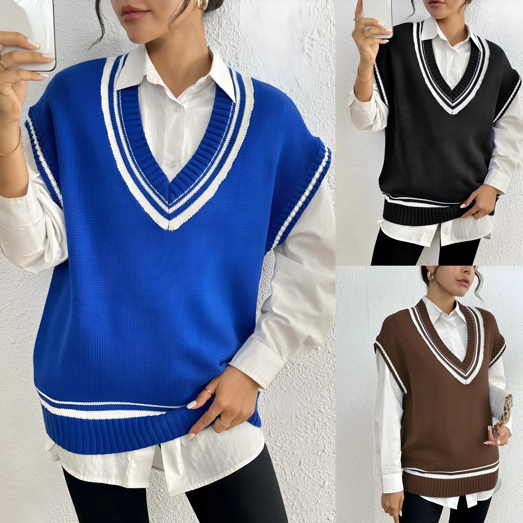 Women's loose fit college style wool vest sweater in blue, laid flat.