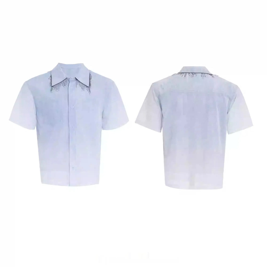 Blue and white gradient men's short sleeve shirt with loose fit design