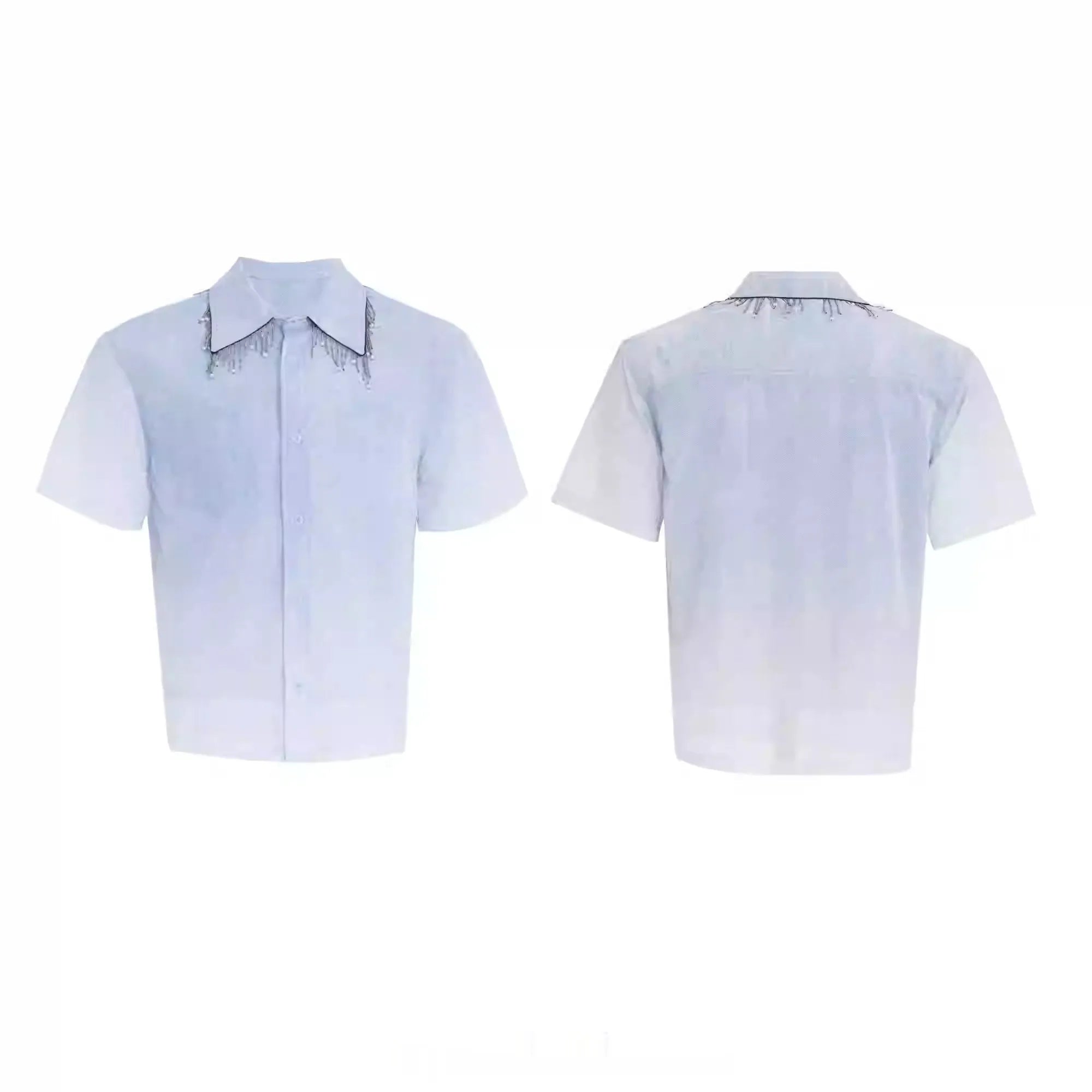 Blue and white gradient men's short sleeve shirt with loose fit design