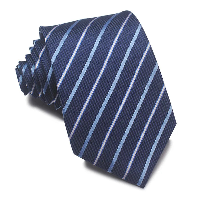 Men's red and black striped polyester jacquard tie with arrow style tip on a white background.