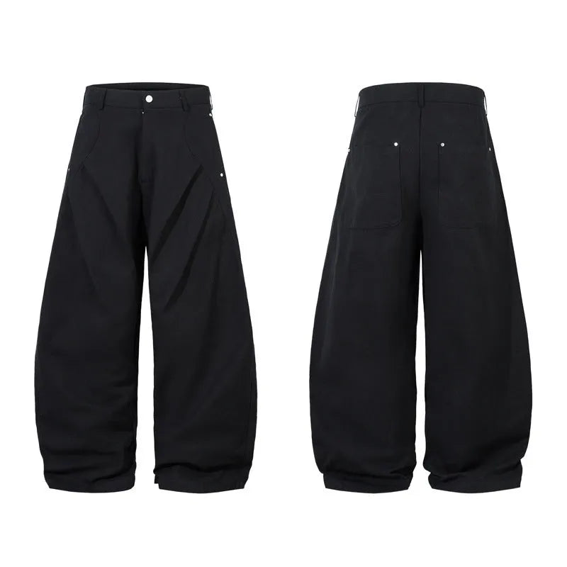 Men's black wide-leg cotton trousers with pleated front and loose-fit design