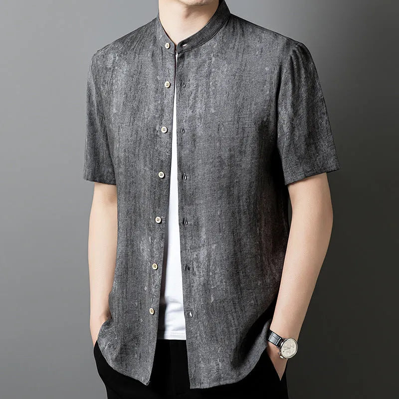 Men's loose fit linen blend shirt with stand collar in neutral colours