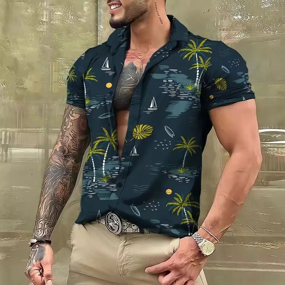 Men's floral print short sleeve shirt with loose cardigan fit in polyester fabric