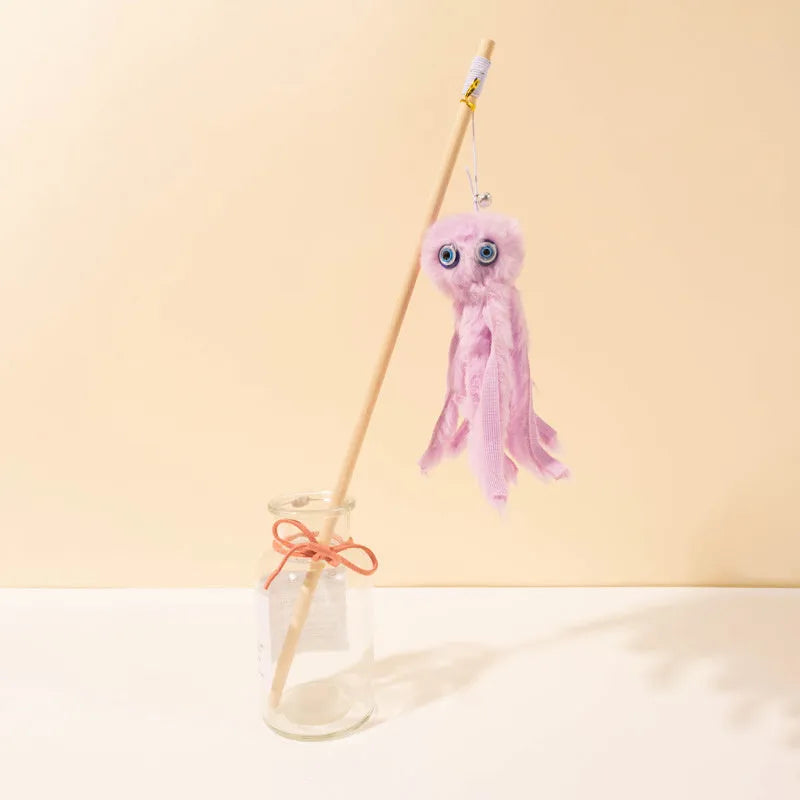 Octopus wand cat toy with moving eyes and flexible wand for indoor kitten play