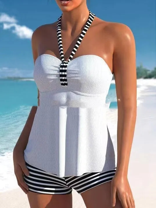 Women's off-the-shoulder swimsuit in black and white stripes, available in green, blue or white.