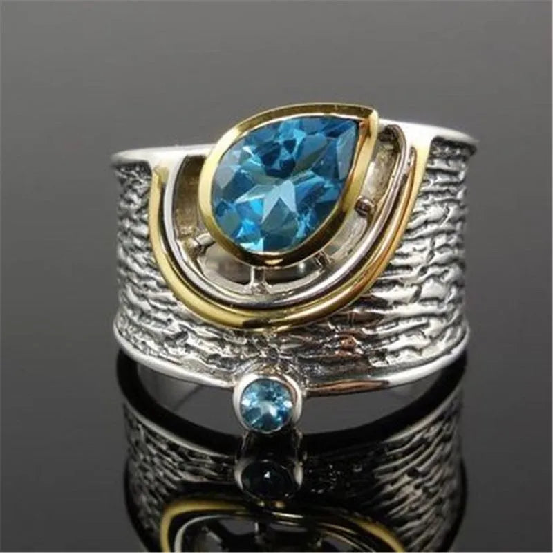 Chinese style women's blue zircon alloy ring with drop shape design