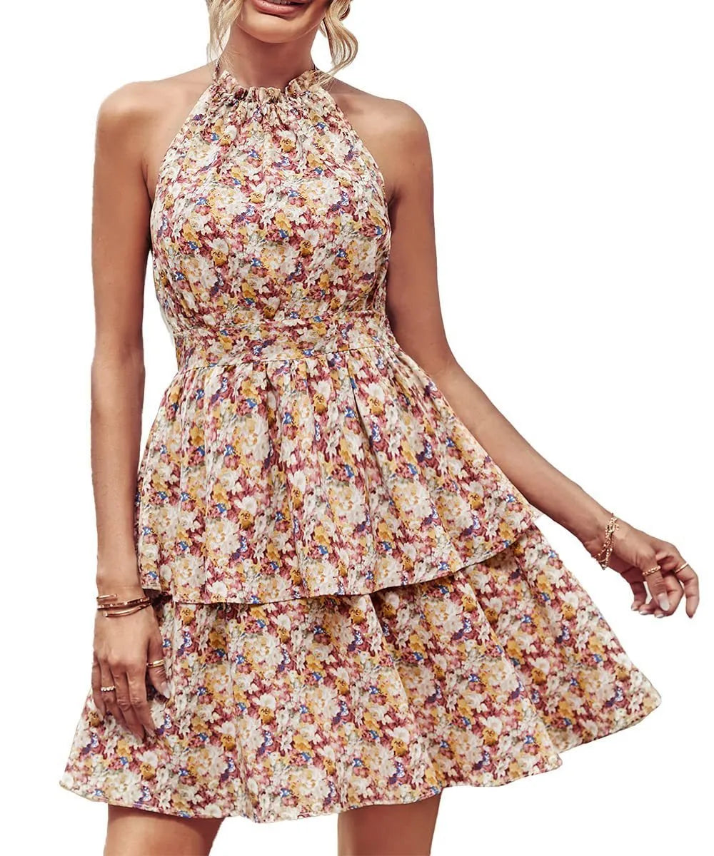 Women's backless halter dress with ruffled A-line skirt in a solid colour pattern.