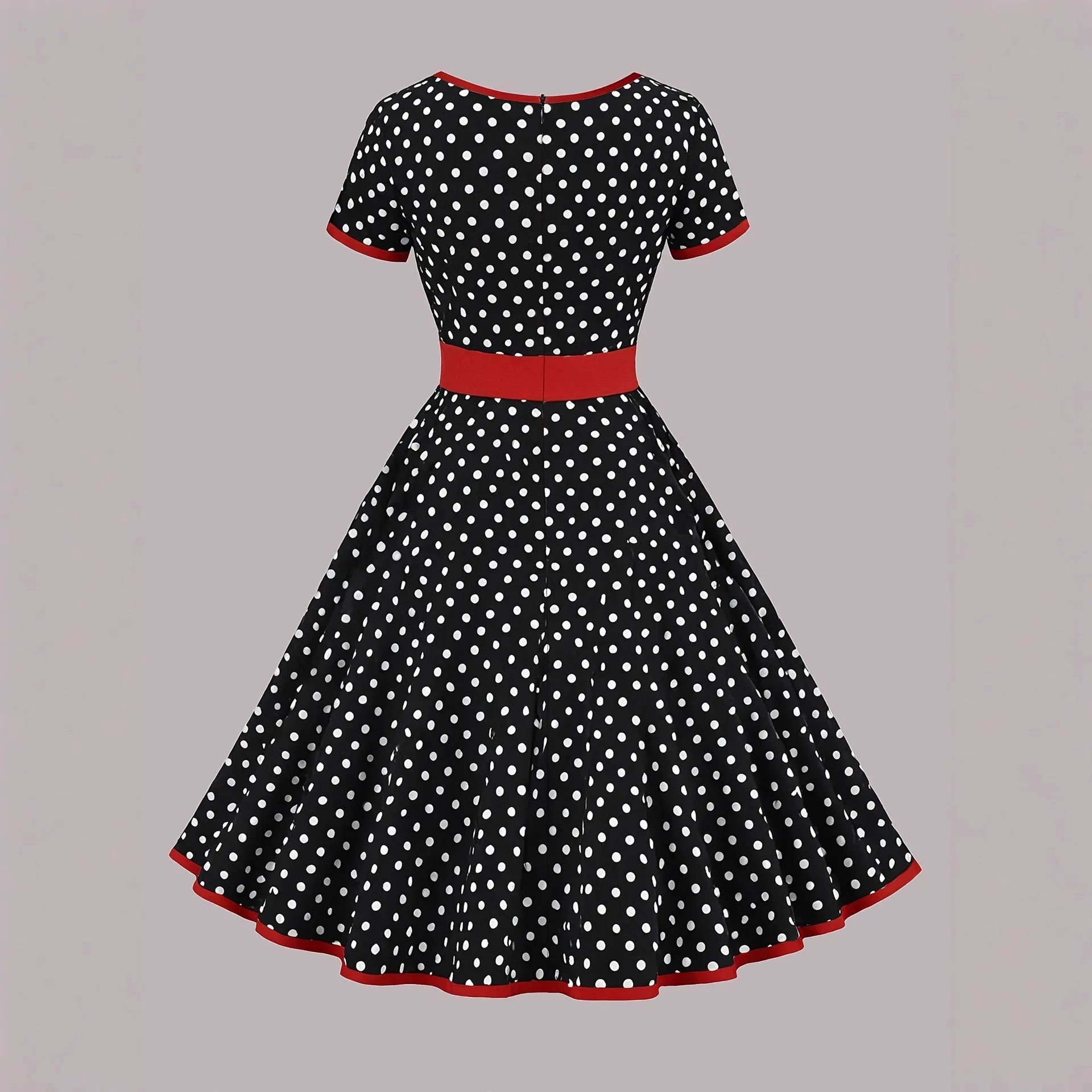 Polka dot dress with square collar, short sleeves, front zipper, and pleated mid-length skirt in multicolour pattern