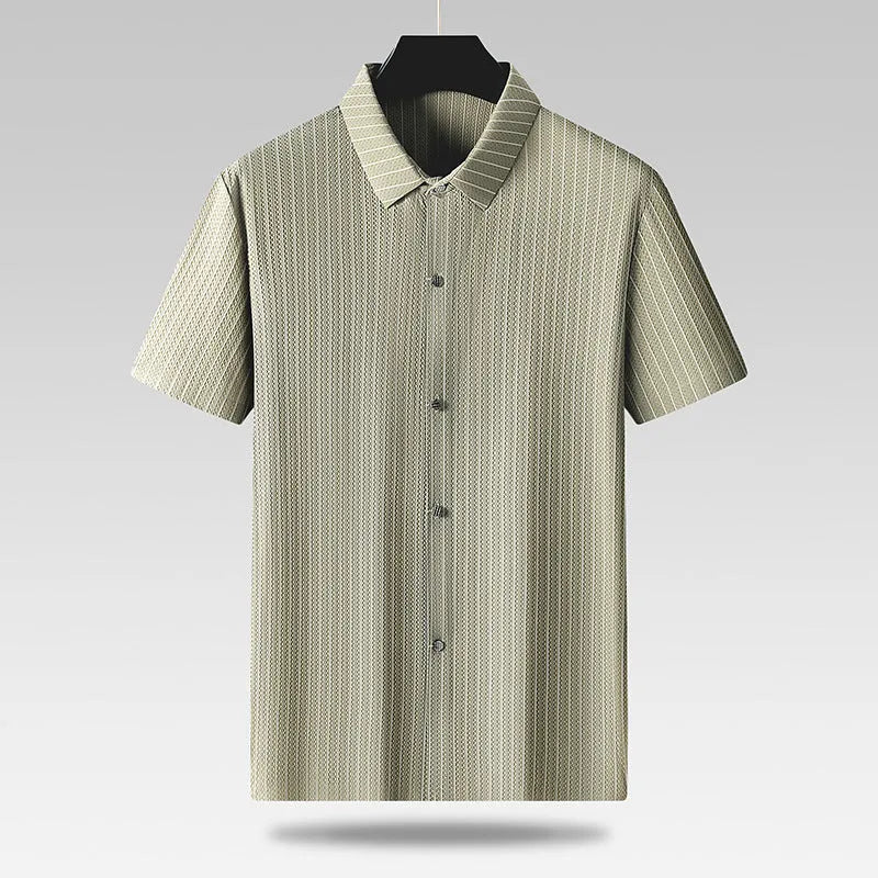 Plus size man wearing a black striped ice silk shirt with a square collar and loose fit.