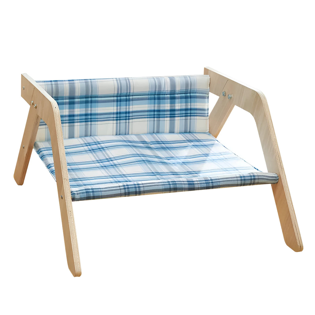 Wooden elevated cat bed with cloth hammock in beach chair design for indoor use